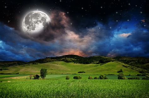 Images Stars Nature Sky Moon Hill Fields Meadow landscape