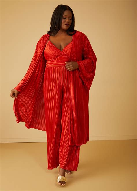 Plus Size Pleated Satin Duster Plus Size Trendy Jumpsuit Set