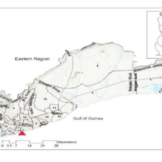 Map of Greater Accra Region with 29 districts and neighbouring regions ...