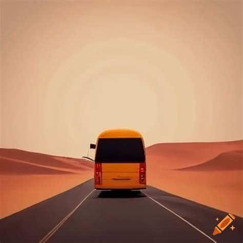 Tour bus driving through a desert landscape