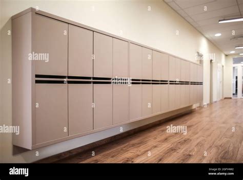 Lockers in empty school hallway Stock Photo - Alamy