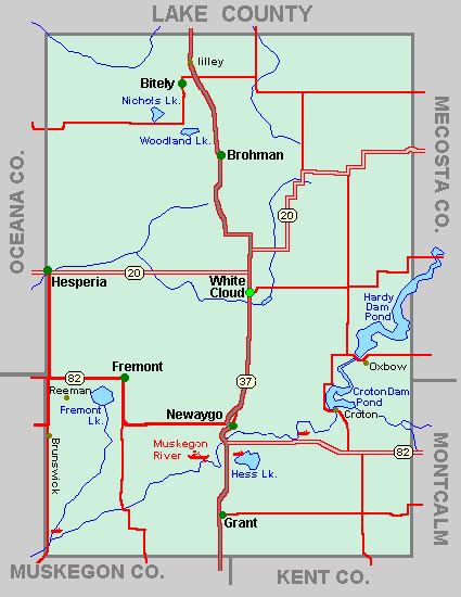 Newaygo County Map Tour lakes snowmobile ATV rivers hiking hotels motels Michigan Interactive™