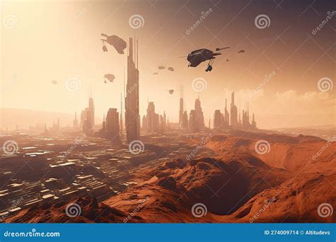 Mars, with View of Futuristic City, with Towering Skyscrapers and Flying Vehicles Stock ...