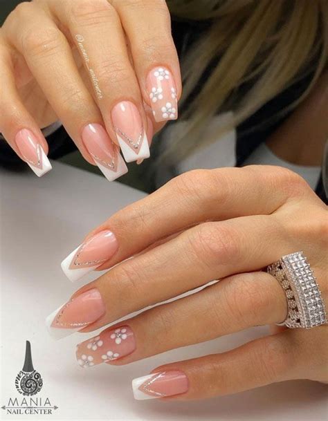 White Floral & French Tip Nail Design