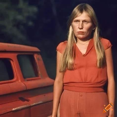 Joni mitchell posing with a rusty red chevy truck on Craiyon