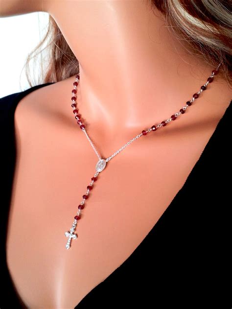 Sterling Silver Rosary Necklace Garnet Gemstone Womens Cross | Etsy