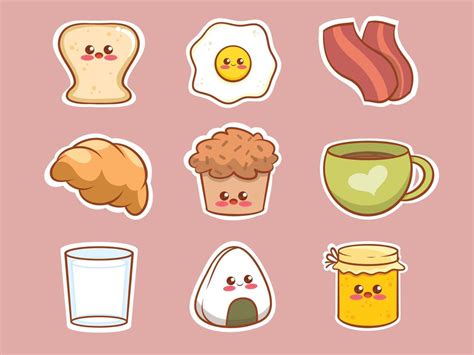 Set of cute breakfast food cartoon character sticker 4267549 Vector Art ...