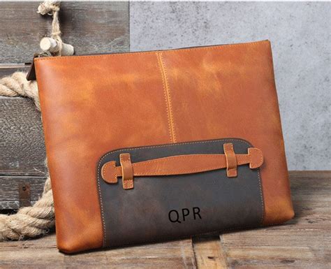 "Groomsmen Gift Leather Clutch Personalized Leather Laptop Bag Custom Men Leather Document Bag ...