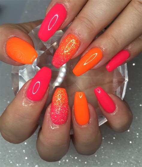 Neon pink and orange nails | Orange nail designs, Neon orange nails, Bright orange nails