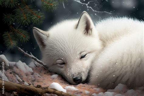 White baby wolf. sleeiping. Arctic wolf cub on nature background. AI ...