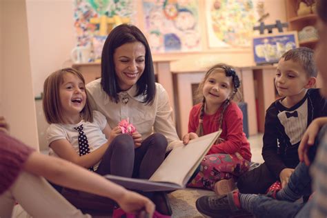 Happy preschool teacher telling stories to group of kids. - Adapt Education