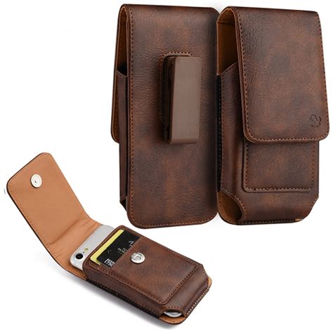 6.5-inch Vertical Brown PU Leather Universal Cell Phone Holster Pouch with Belt Clip and Card ...