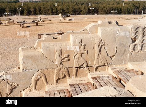 Bas-relief decoration along stairs from Darius palace to Palace of Xerxes, ruins of Daraius ...