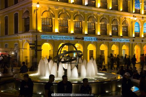 Photo of Fountain in Senado square at night. Old town, Macau, China