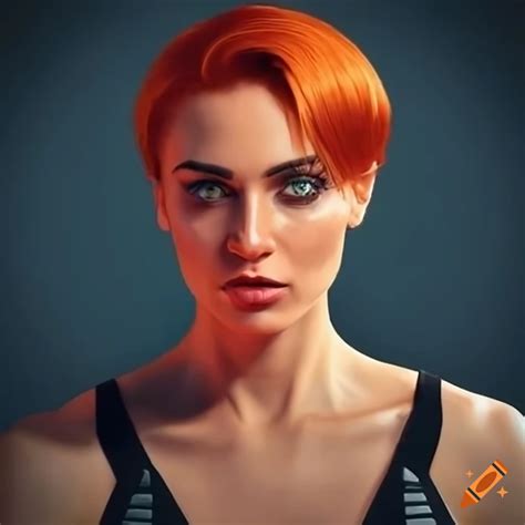 Portrait of a woman with short red hair and green eyes in futuristic clothing on Craiyon