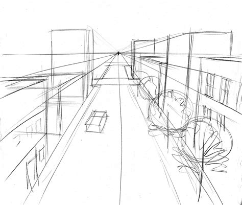 One Point exterior- Street view. Here's a quick sketch of a street scene. Start with the horizon ...