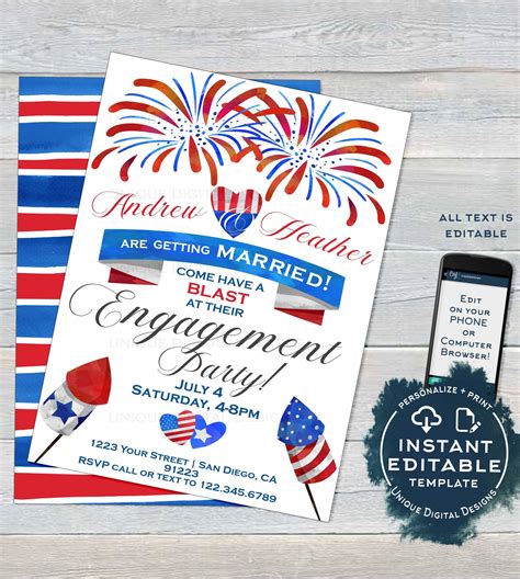 4th of July Engagement Party Invitation, Editable Red White Blue Firew