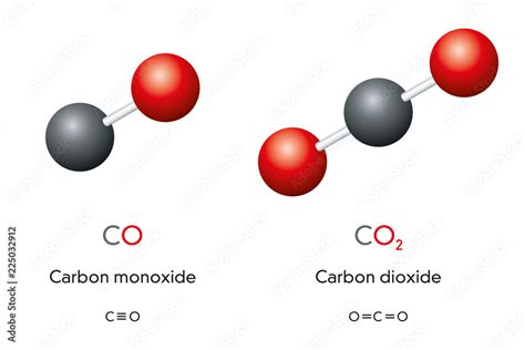 Carbon monoxide CO and carbon dioxide CO2 molecule models and chemical ...