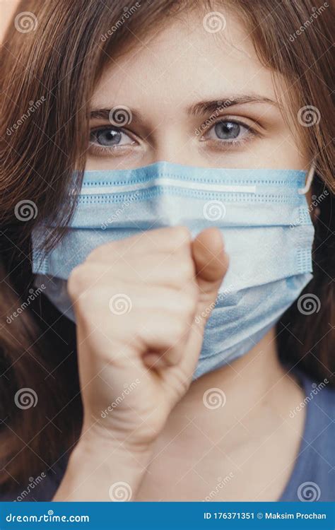 Sick Woman in Medical Mask Coughing on Studio Background, Concept of ...