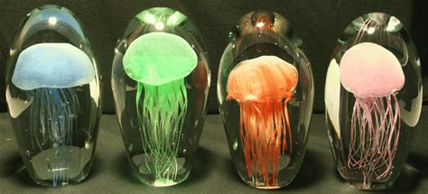 five different colored jellyfish in glass vases