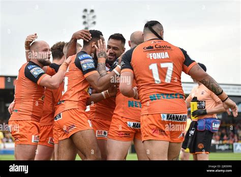 Castleford, England - 15th May 2022 - Jason Qareqare of Castleford Tigers celebrates try with ...