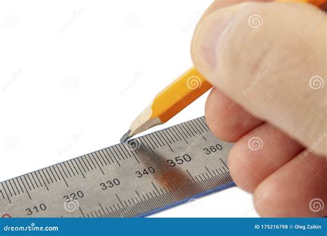 Pencil Draw a Straight Line with the Help of a Ruler. Stock Photo ...