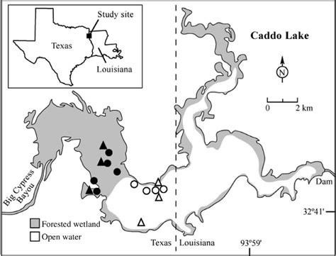 —Map of Caddo Lake, located on the border of Texas and Louisiana, where ...