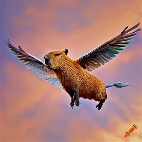 Capybara, wings, flying on Craiyon