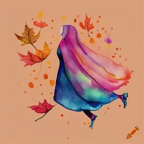 Watercolor painting of a girl in a hijab surrounded by autumn scenery