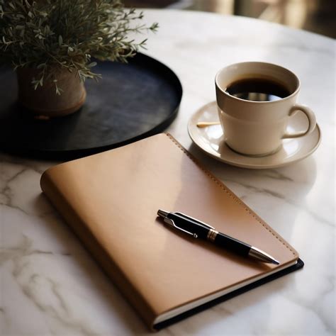 Premium AI Image | a brown leather notebook with a pen on it sits next to a cup of coffee