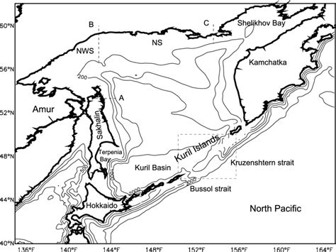 Topography of the Sea of Okhotsk in the model. Contours denote the... | Download Scientific Diagram