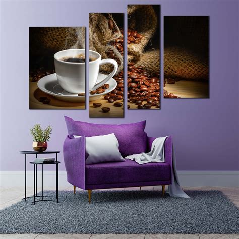 Coffee Mug Canvas Wall Art, Brown Coffee Beans Multiple Canvas, White Coffee Cup 4 Piece Canvas ...