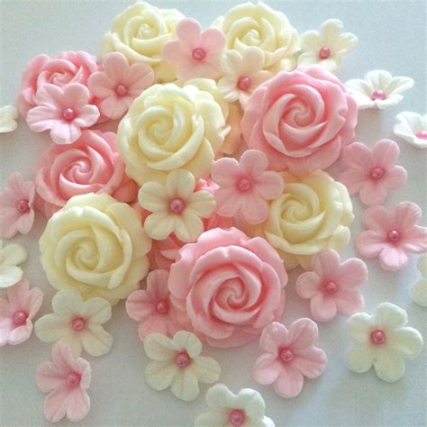 Edible Sugar Flowers For Cakes Pink Cream Rose Mix