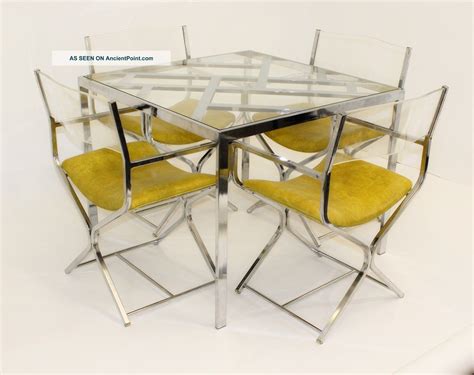 Mid Century Modern Chrome Glass Dining Table 4 Lucite And Chrome Chairs Baughman