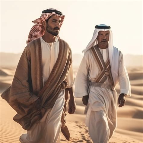 Premium Photo | Two men in traditional clothing walk through the desert.