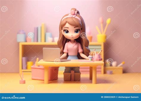 A Business Girl Working with Laptop on Desk 3D Tiny Cute Isometric Generative AI Stock ...