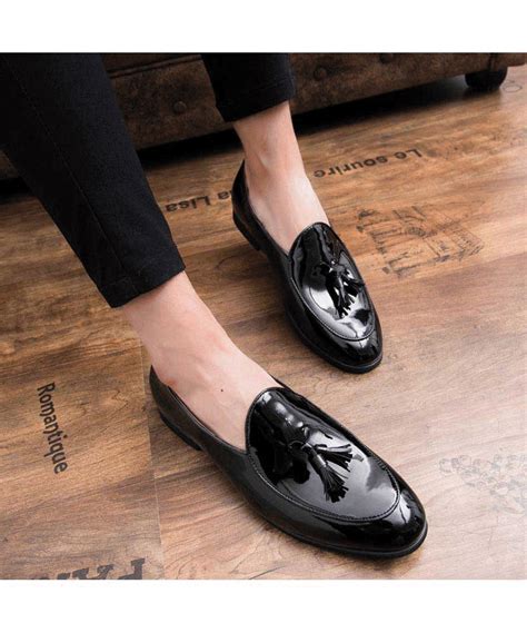 Men's #black leather slip on #DressShoes in patent design, sewing thread, tassel on vamp. | Slip ...
