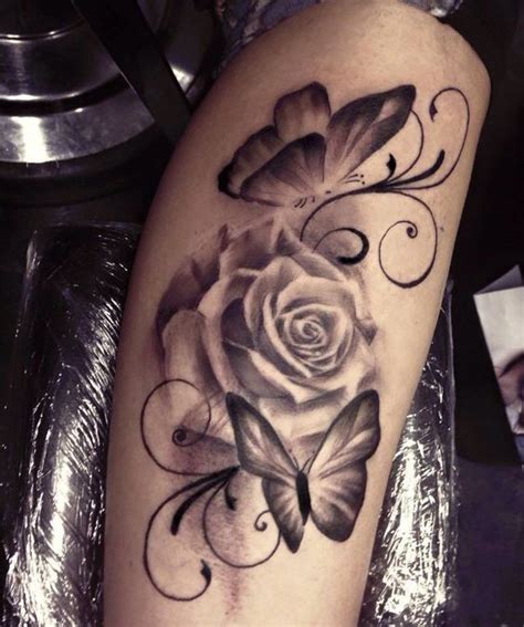 Black n white rose and butterfly's | Rose and butterfly tattoo, Butterflies tattoo, Trendy tattoos