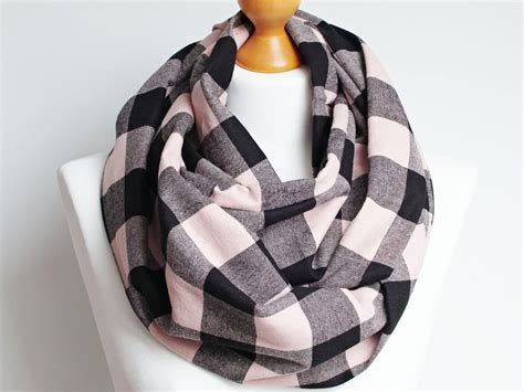 Plaid flannel infinity scarf for autumn, fashion infinity circle scarf with leather cuff, plaid ...