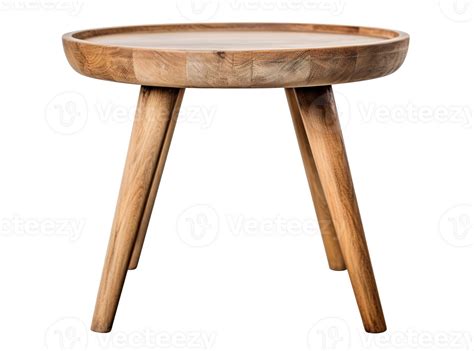 Scandinavian-style round wooden side table with elegantly tapered legs, presenting a smooth ...