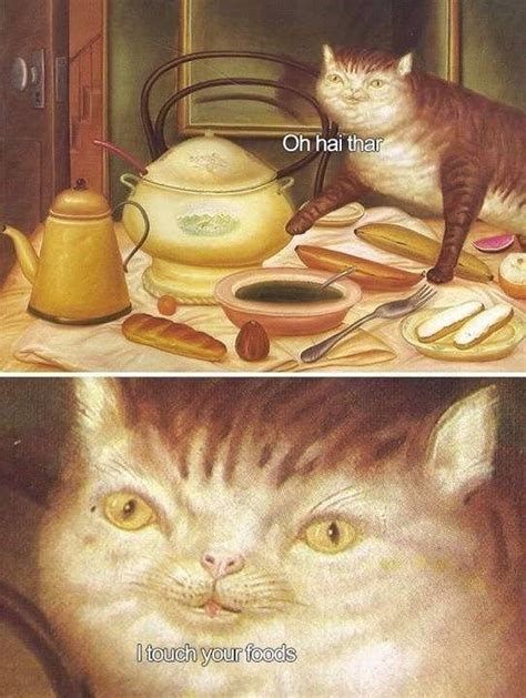 two pictures with cats and food on them