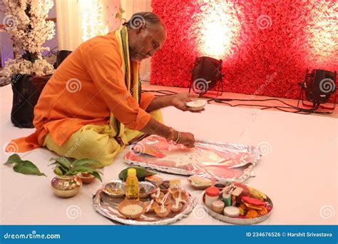 A Hindu Priest or Pandit is Preparing for the Traditional Ritual on an Auspicious Occasion ...