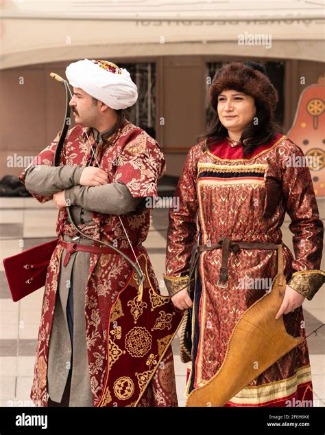 Ankara, Turkey - March 21 2021: Archer couple in old Turkish clothes ...