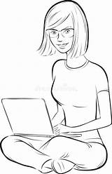 Whiteboard Drawing  Smiling Girl Sitting With Laptop Stock Vector sketch template