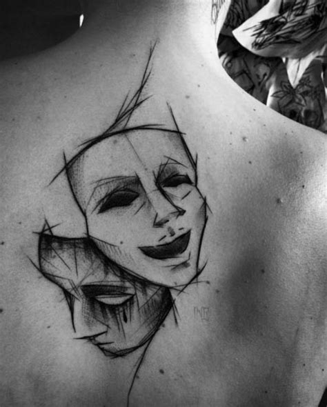 Big black ink sketch style tattoo of sad and happy masks - Tattooimages.biz