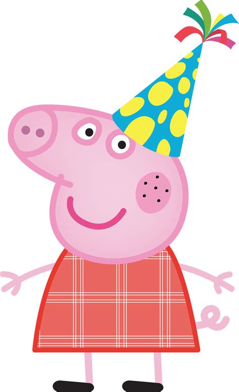 peppa pig wearing a party hat and plaid dress with polka dots on it's head