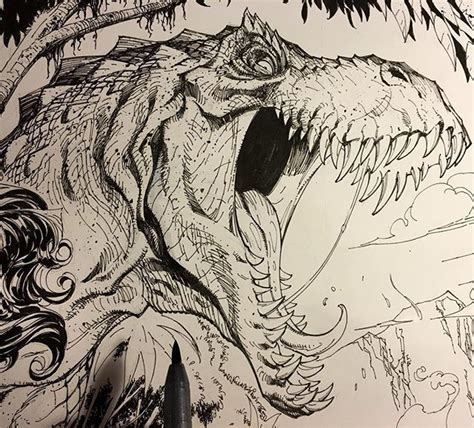 ️Been brushing up on my T-Rex Dino-inking-game lately... #drawing #inking #penandink #dinosaur # ...