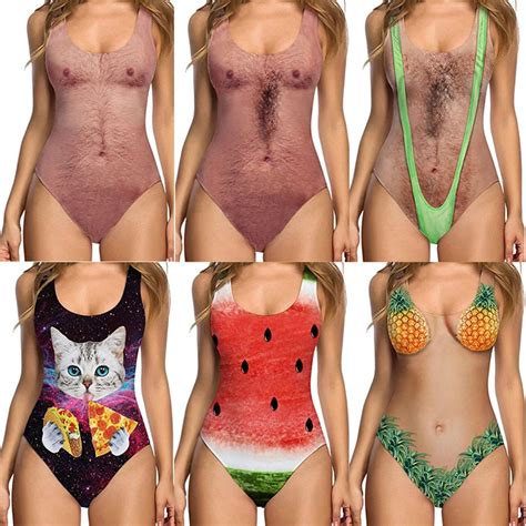 Funny Women one piece swimsuit String monokini Funny Print bikini 2019 Push up swimwear one ...