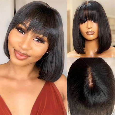 12 Inch Realistic Yaki Straight Bob With Bangs 2x1 Minimalist Lace Wig 150% Density - BOUNCY ...