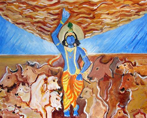 Lord Krishna Lifting Govardhan Hill, Painting for sale by anandswaroop - Foundmyself